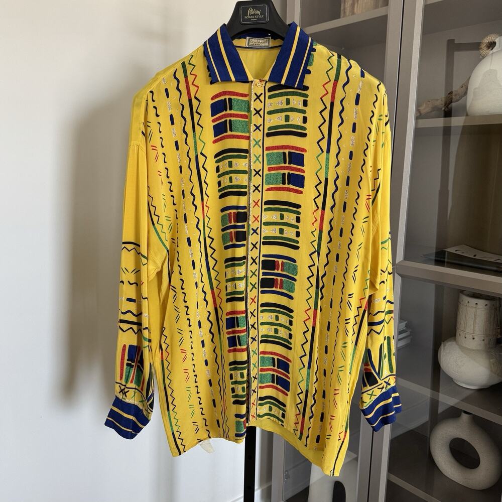 Gianni Versace Silk Yellow Multicolor Native African Print Long Sleeve Shirt 48